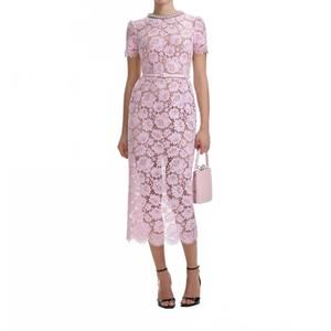 NEW SELF-PORTRAIT pink fine lace pearl midi dress in pink